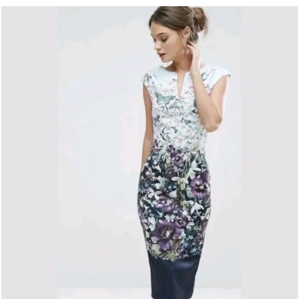 Ted Baker Size 8 Purple and White Floral Midi Dress